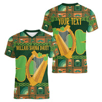 Personalized Ireland Christmas Women V-Neck T-Shirt Irish Harp With Lucky Shamrock - Wonder Print Shop