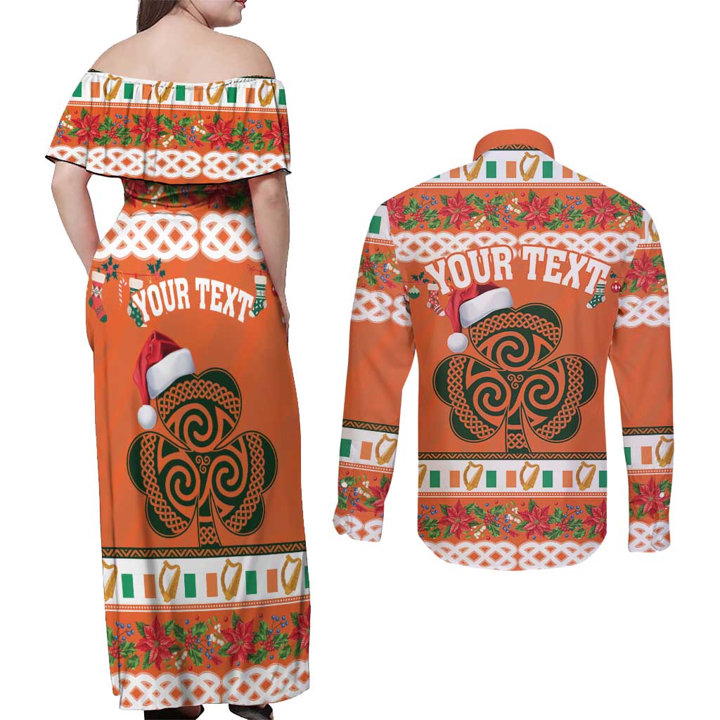 Personalized Ireland Christmas Couples Matching Off Shoulder Maxi Dress and Long Sleeve Button Shirt Irish Shamrock Celtic Nollaig Shona Dhuit - Wonder Print Shop