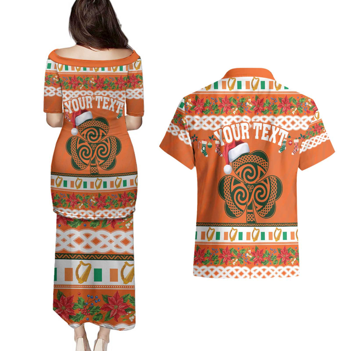 Personalized Ireland Christmas Couples Matching Puletasi and Hawaiian Shirt Irish Shamrock Celtic Nollaig Shona Dhuit - Wonder Print Shop