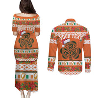 Personalized Ireland Christmas Couples Matching Puletasi and Long Sleeve Button Shirt Irish Shamrock Celtic Nollaig Shona Dhuit - Wonder Print Shop