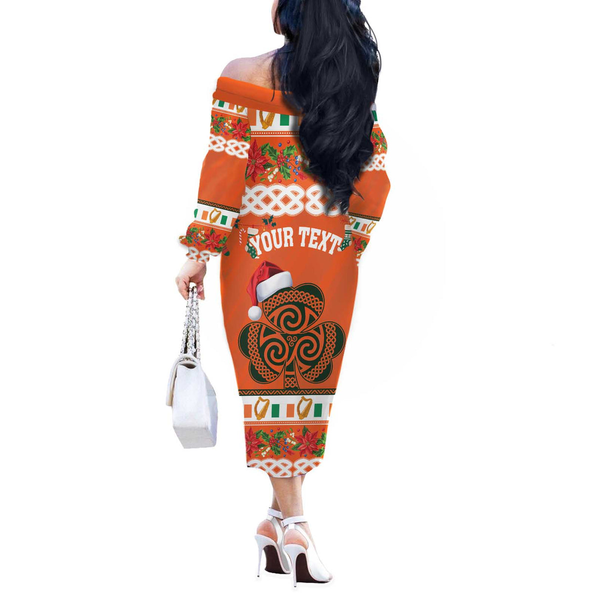 Personalized Ireland Christmas Off The Shoulder Long Sleeve Dress Irish Shamrock Celtic Nollaig Shona Dhuit - Wonder Print Shop