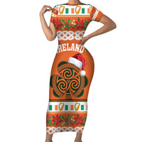 Personalized Ireland Christmas Short Sleeve Bodycon Dress Irish Shamrock Celtic Nollaig Shona Dhuit - Wonder Print Shop