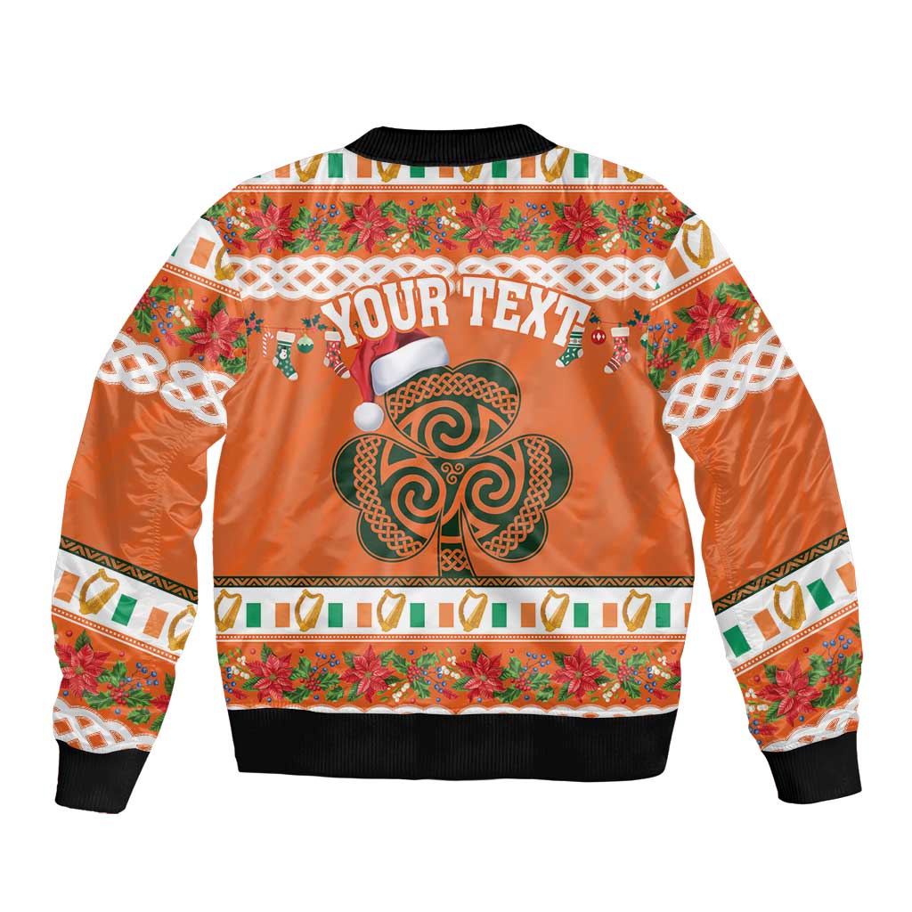 Personalized Ireland Christmas Sleeve Zip Bomber Jacket Irish Shamrock Celtic Nollaig Shona Dhuit - Wonder Print Shop