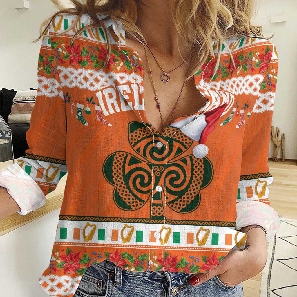 Personalized Ireland Christmas Women Casual Shirt Irish Shamrock Celtic Nollaig Shona Dhuit - Wonder Print Shop