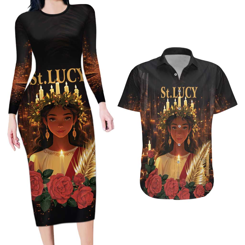Happy St. Lucy Couples Matching Long Sleeve Bodycon Dress and Hawaiian Shirt Light of Christ - Wonder Print Shop