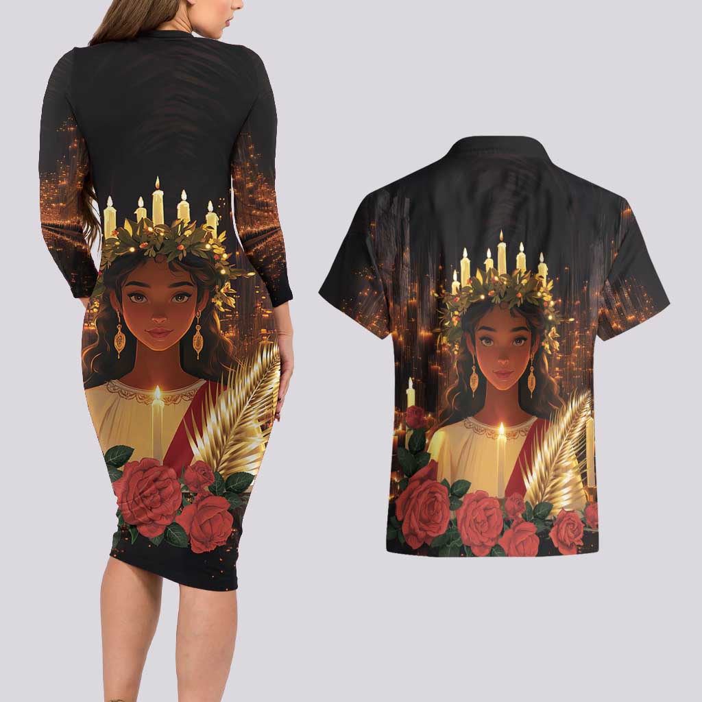 Happy St. Lucy Couples Matching Long Sleeve Bodycon Dress and Hawaiian Shirt Light of Christ - Wonder Print Shop