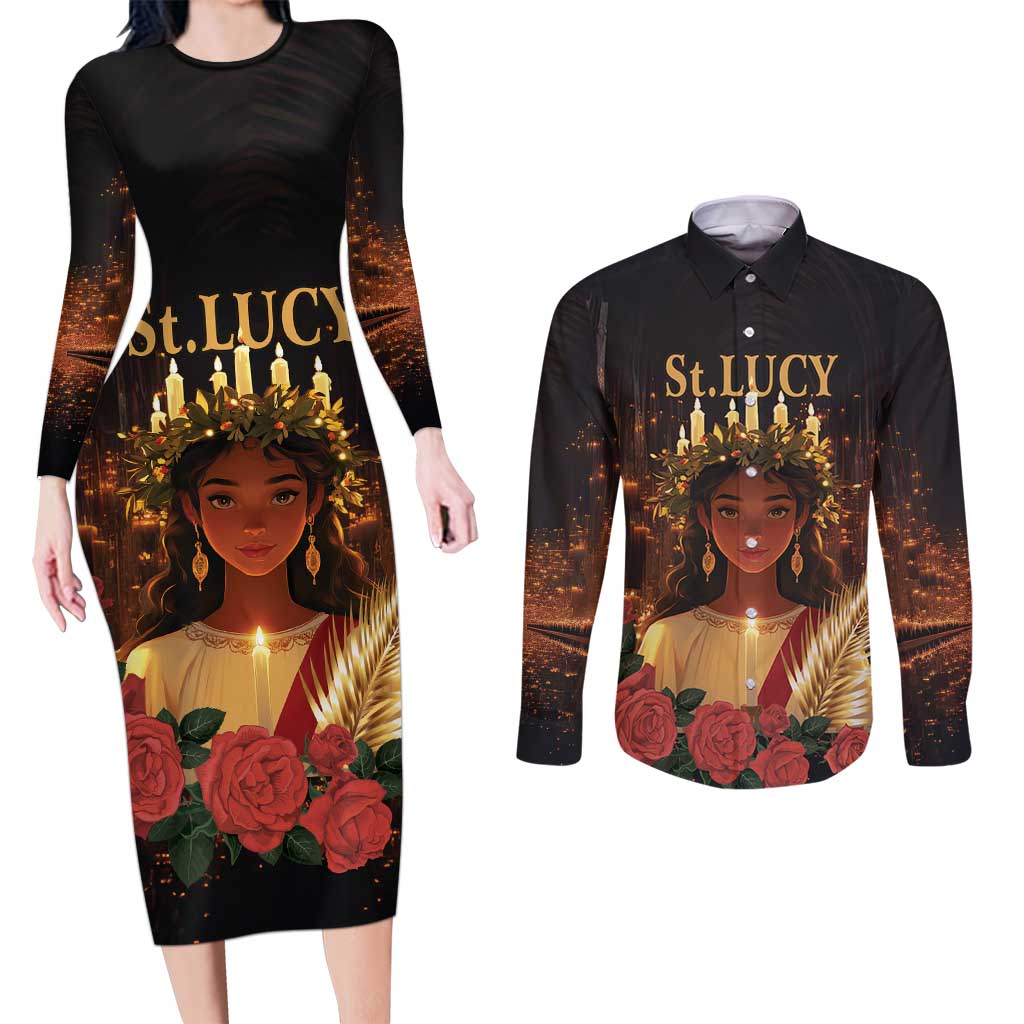 Happy St. Lucy Couples Matching Long Sleeve Bodycon Dress and Long Sleeve Button Shirt Light of Christ - Wonder Print Shop