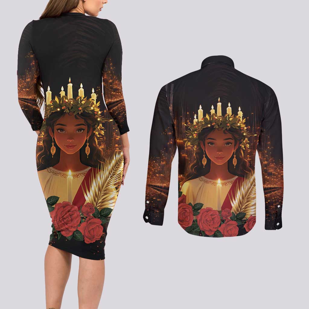Happy St. Lucy Couples Matching Long Sleeve Bodycon Dress and Long Sleeve Button Shirt Light of Christ - Wonder Print Shop