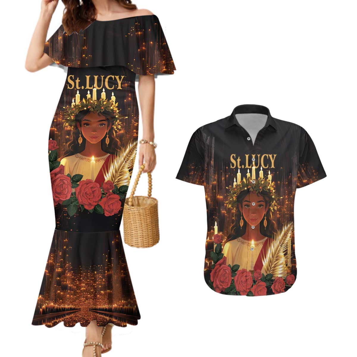 Happy St. Lucy Couples Matching Mermaid Dress and Hawaiian Shirt Light of Christ - Wonder Print Shop