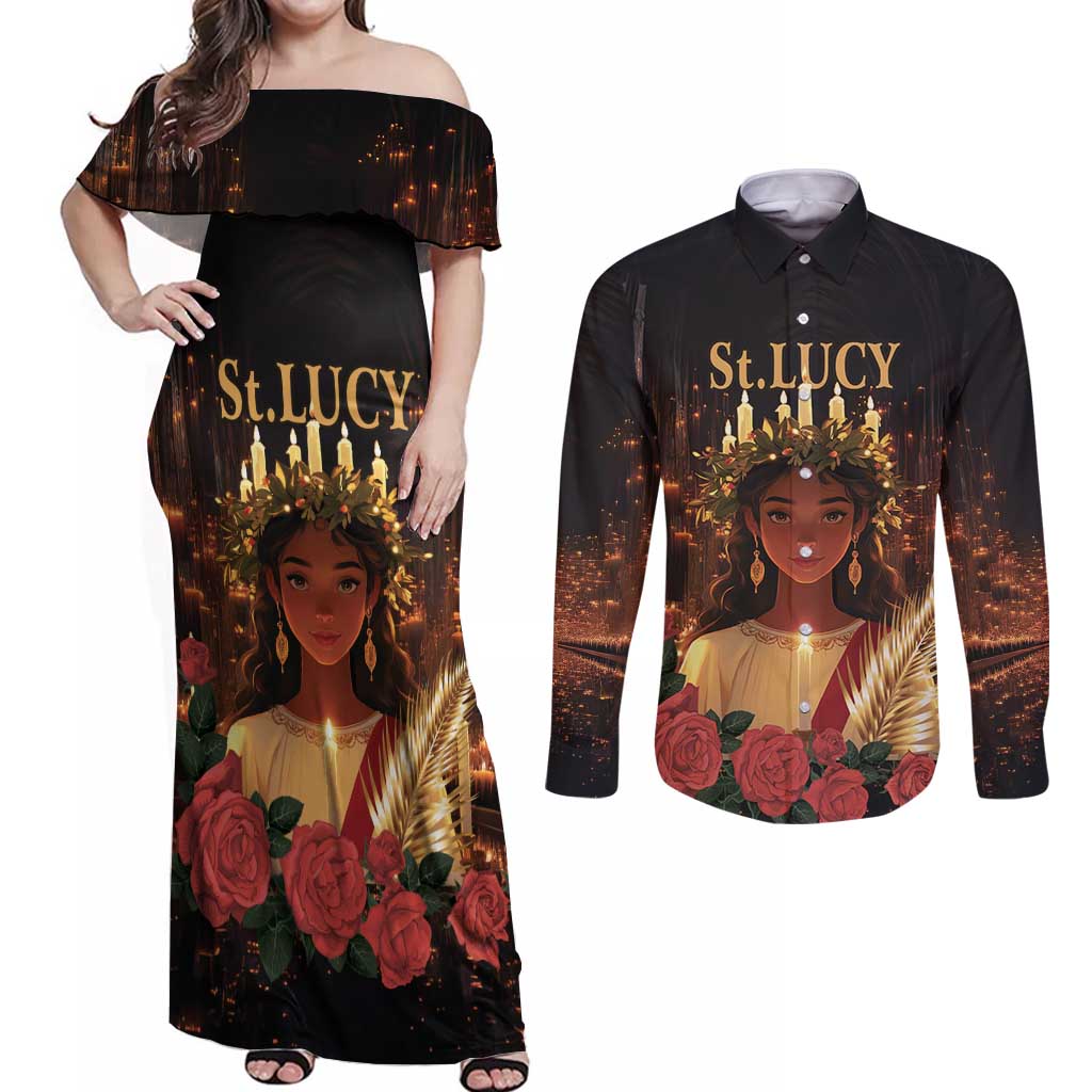 Happy St. Lucy Couples Matching Off Shoulder Maxi Dress and Long Sleeve Button Shirt Light of Christ - Wonder Print Shop