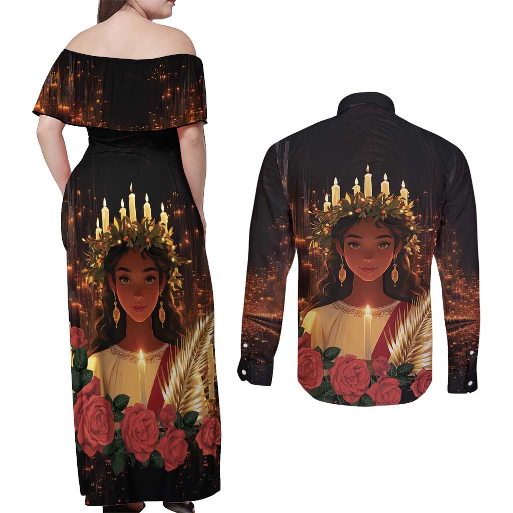 Happy St. Lucy Couples Matching Off Shoulder Maxi Dress and Long Sleeve Button Shirt Light of Christ - Wonder Print Shop