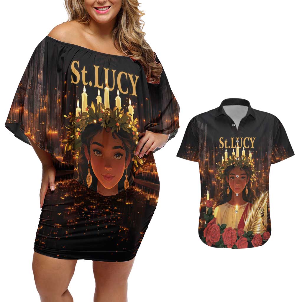 Happy St. Lucy Couples Matching Off Shoulder Short Dress and Hawaiian Shirt Light of Christ - Wonder Print Shop