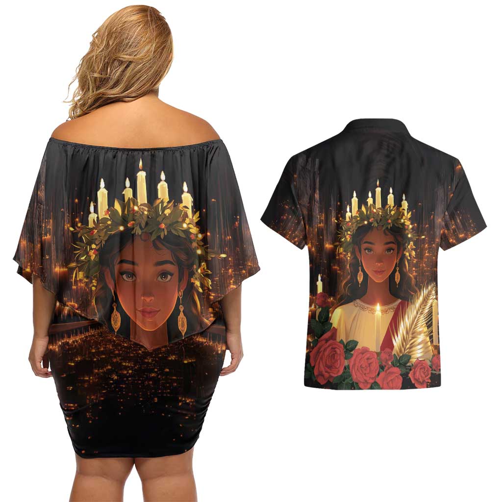 Happy St. Lucy Couples Matching Off Shoulder Short Dress and Hawaiian Shirt Light of Christ - Wonder Print Shop