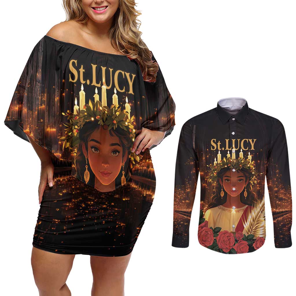 Happy St. Lucy Couples Matching Off Shoulder Short Dress and Long Sleeve Button Shirt Light of Christ - Wonder Print Shop