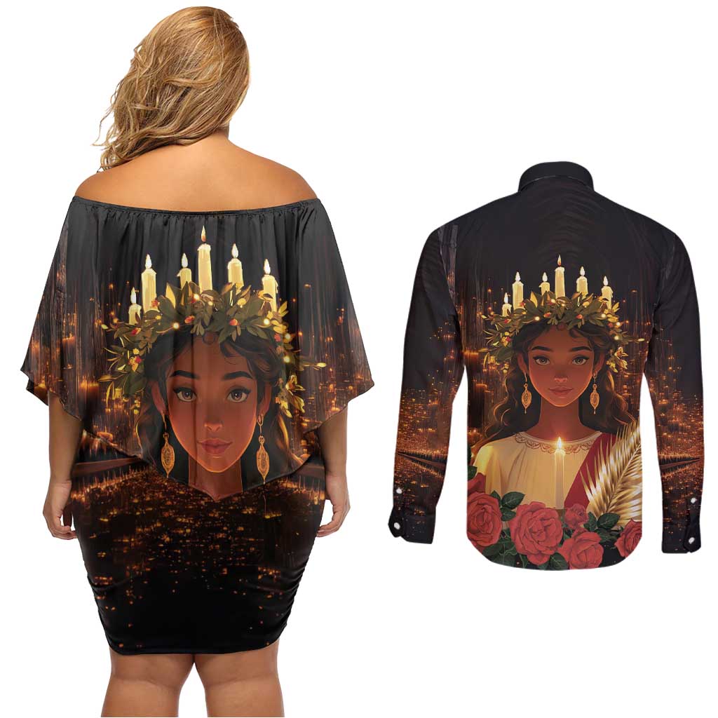 Happy St. Lucy Couples Matching Off Shoulder Short Dress and Long Sleeve Button Shirt Light of Christ - Wonder Print Shop