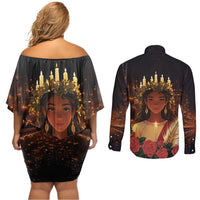 Happy St. Lucy Couples Matching Off Shoulder Short Dress and Long Sleeve Button Shirt Light of Christ - Wonder Print Shop