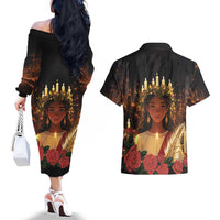 Happy St. Lucy Couples Matching Off The Shoulder Long Sleeve Dress and Hawaiian Shirt Light of Christ - Wonder Print Shop