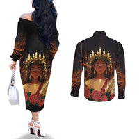 Happy St. Lucy Couples Matching Off The Shoulder Long Sleeve Dress and Long Sleeve Button Shirt Light of Christ