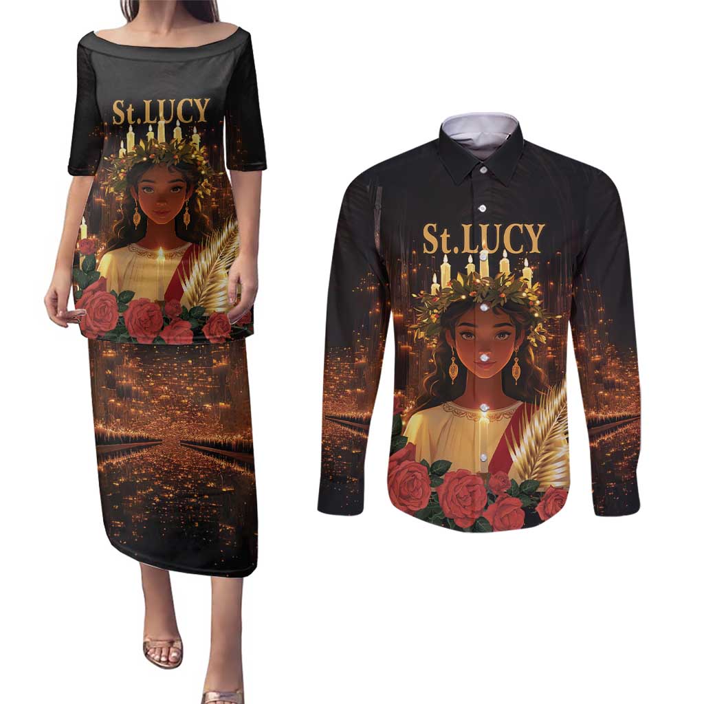 Happy St. Lucy Couples Matching Puletasi and Long Sleeve Button Shirt Light of Christ - Wonder Print Shop
