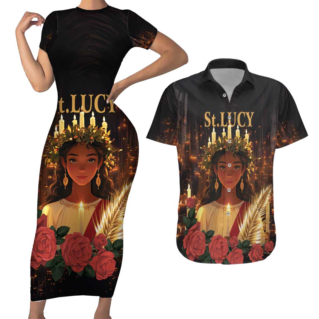 Happy St. Lucy Couples Matching Short Sleeve Bodycon Dress and Hawaiian Shirt Light of Christ - Wonder Print Shop