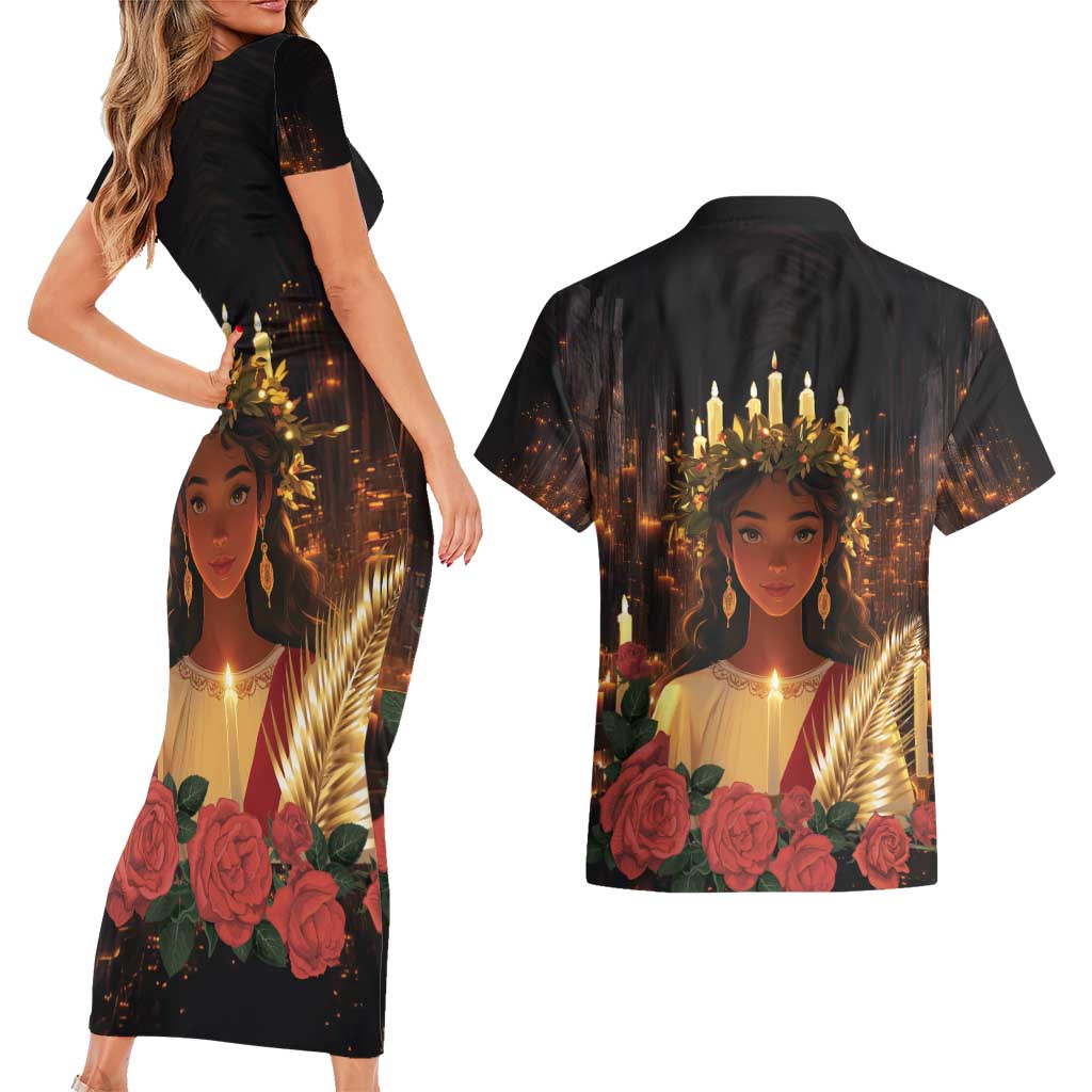 Happy St. Lucy Couples Matching Short Sleeve Bodycon Dress and Hawaiian Shirt Light of Christ - Wonder Print Shop