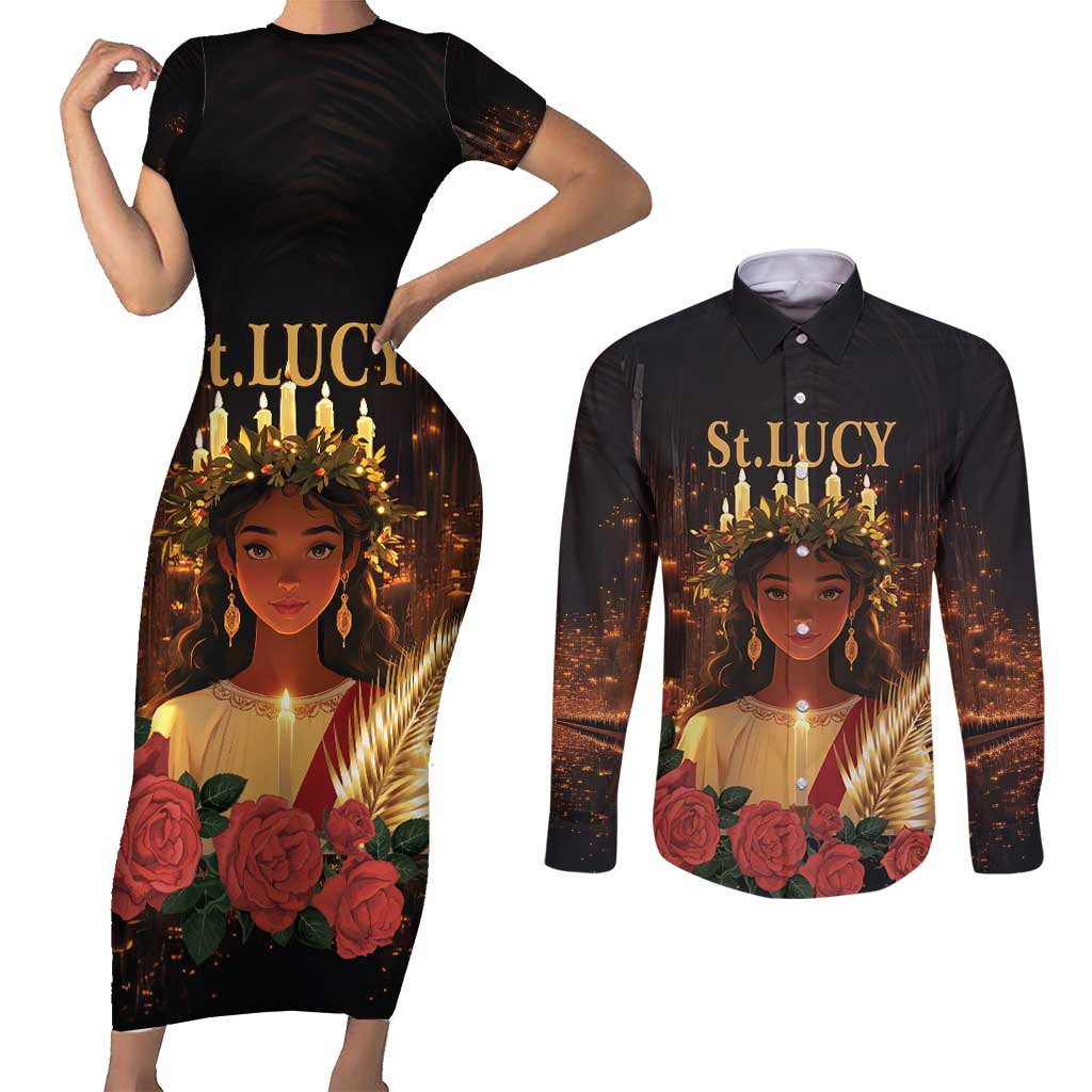 Happy St. Lucy Couples Matching Short Sleeve Bodycon Dress and Long Sleeve Button Shirt Light of Christ - Wonder Print Shop