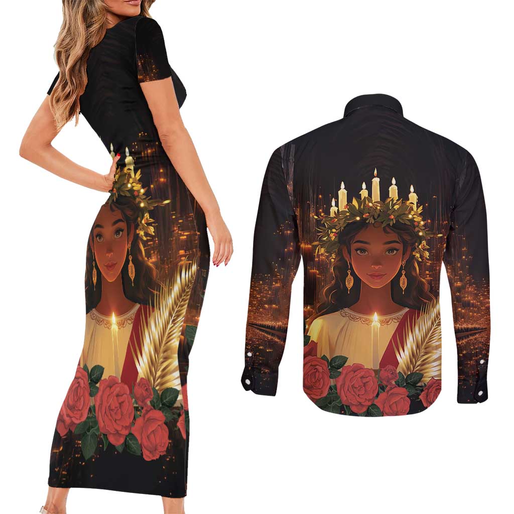Happy St. Lucy Couples Matching Short Sleeve Bodycon Dress and Long Sleeve Button Shirt Light of Christ - Wonder Print Shop