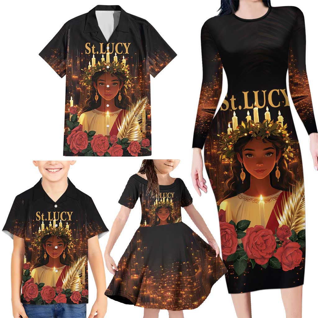 Happy St. Lucy Family Matching Long Sleeve Bodycon Dress and Hawaiian Shirt Light of Christ - Wonder Print Shop