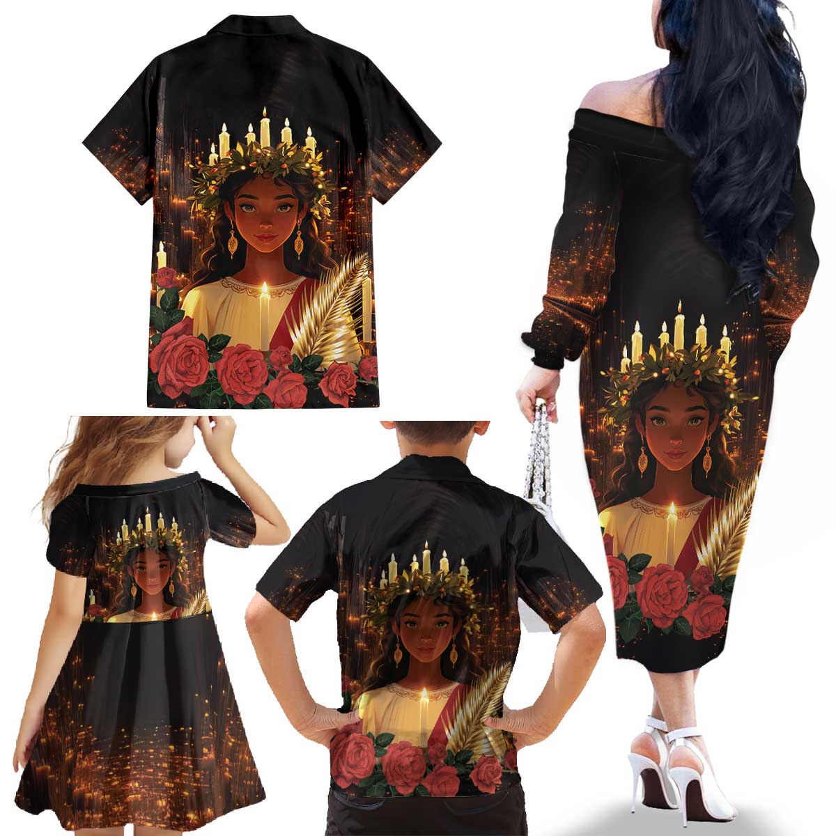 Happy St. Lucy Family Matching Off The Shoulder Long Sleeve Dress and Hawaiian Shirt Light of Christ - Wonder Print Shop