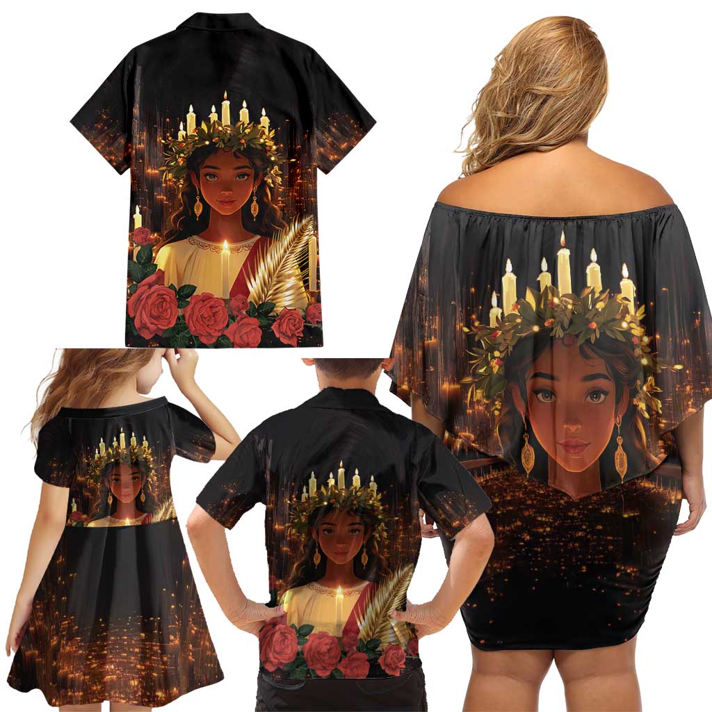 Happy St. Lucy Family Matching Off Shoulder Short Dress and Hawaiian Shirt Light of Christ - Wonder Print Shop