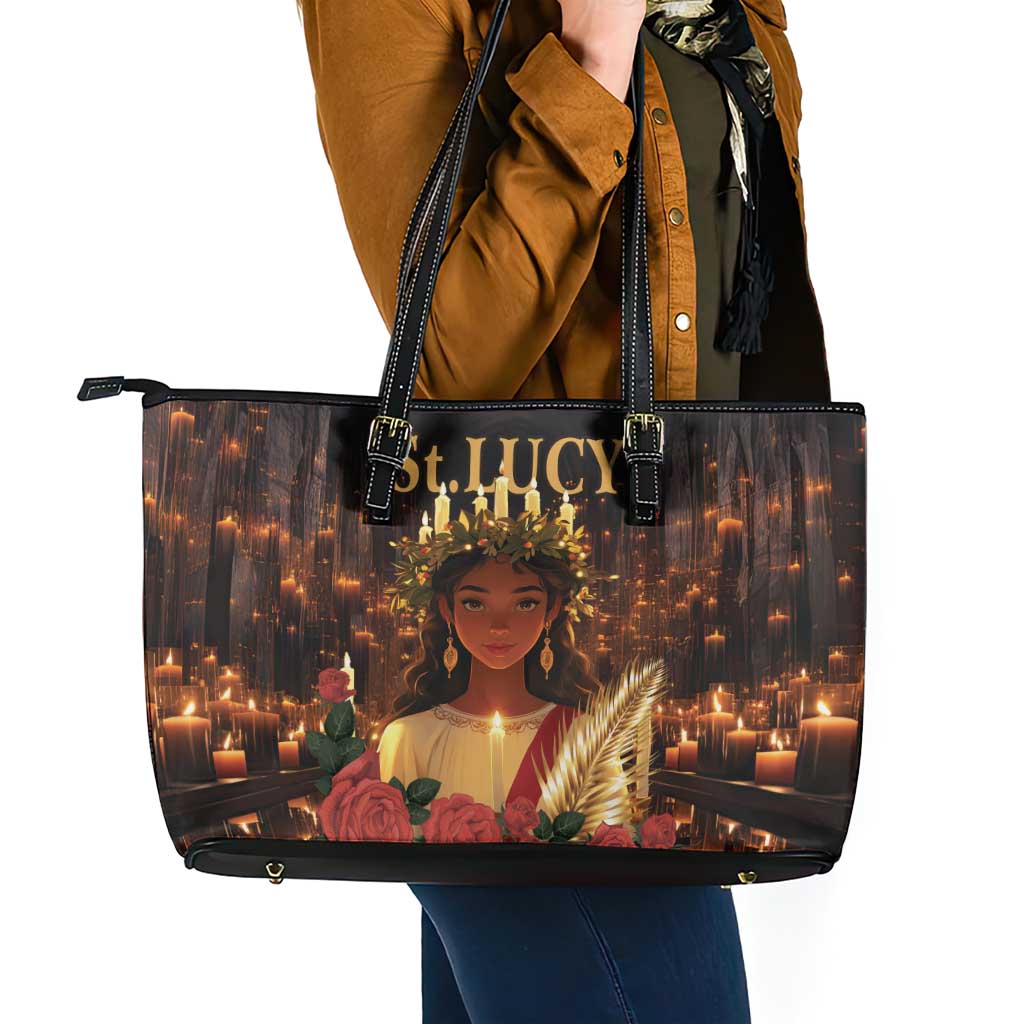 Happy St. Lucy Leather Tote Bag Light of Christ - Wonder Print Shop
