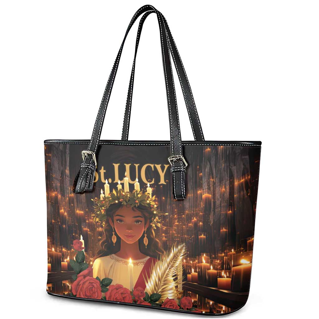 Happy St. Lucy Leather Tote Bag Light of Christ - Wonder Print Shop