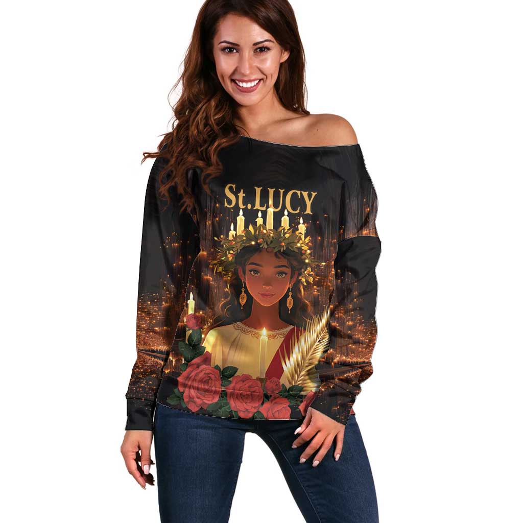 Happy St. Lucy Off Shoulder Sweater Light of Christ - Wonder Print Shop