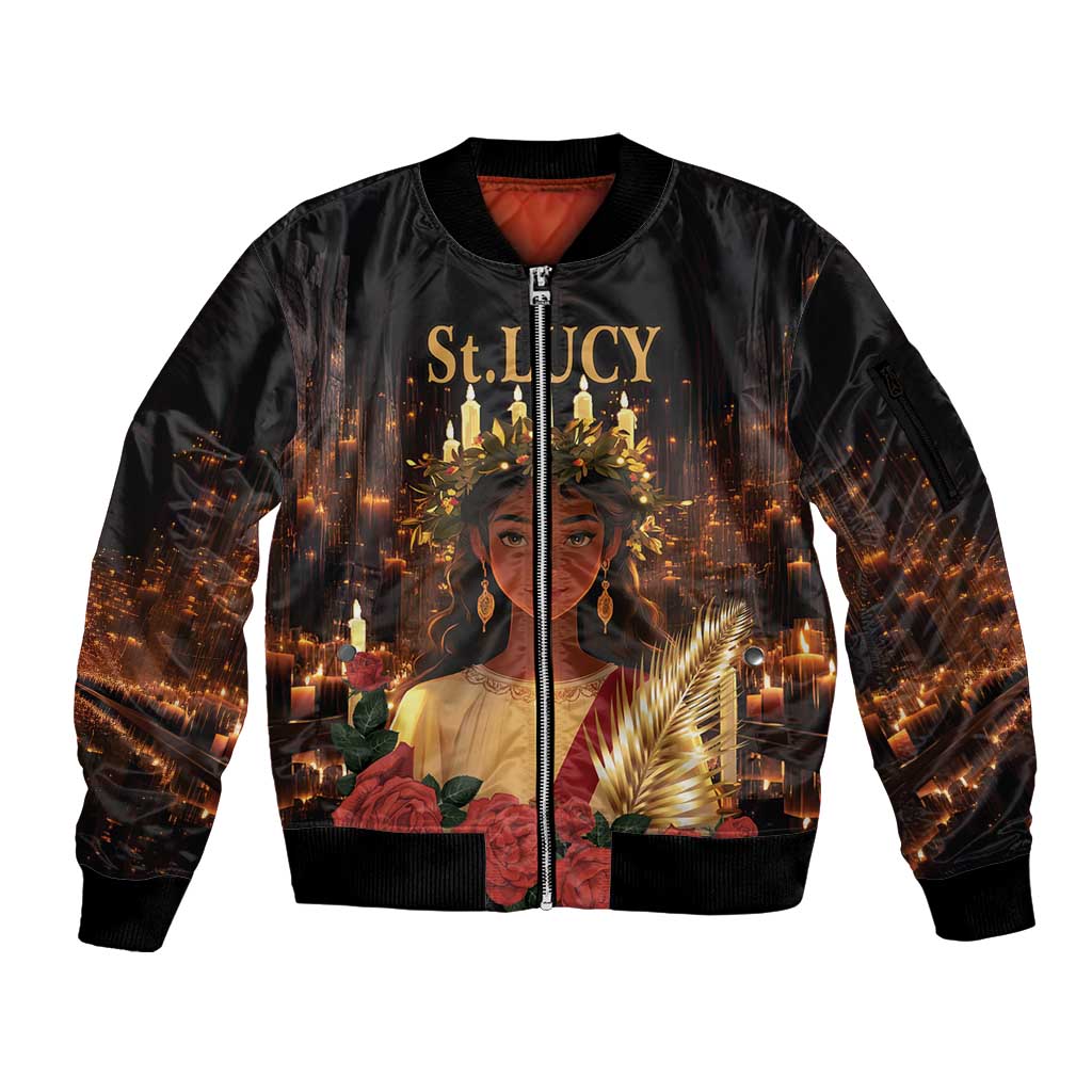 Happy St. Lucy Sleeve Zip Bomber Jacket Light of Christ - Wonder Print Shop