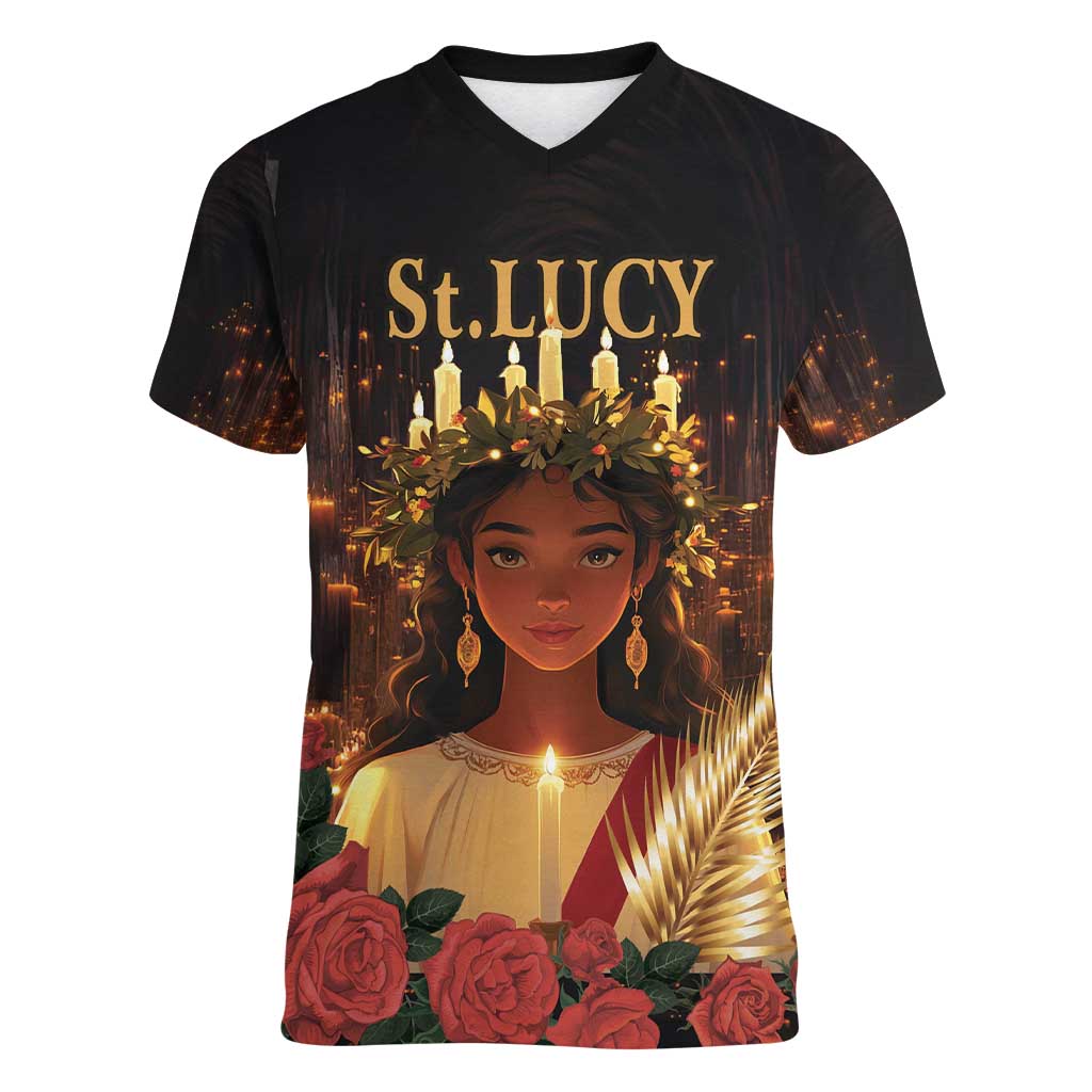 Happy St. Lucy Women V-Neck T-Shirt Light of Christ - Wonder Print Shop