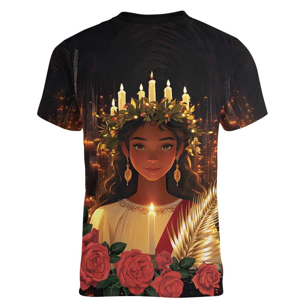 Happy St. Lucy Women V-Neck T-Shirt Light of Christ - Wonder Print Shop