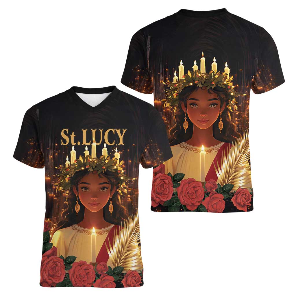 Happy St. Lucy Women V-Neck T-Shirt Light of Christ - Wonder Print Shop