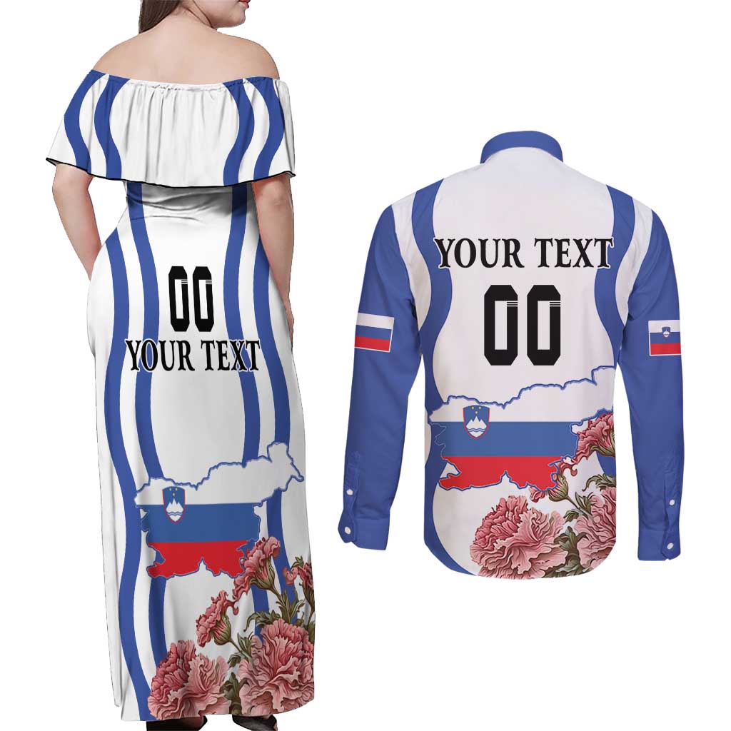 Custom Slovenia Independence Day Couples Matching Off Shoulder Maxi Dress and Long Sleeve Button Shirt The Olm With Carnation Flowers - Wonder Print Shop
