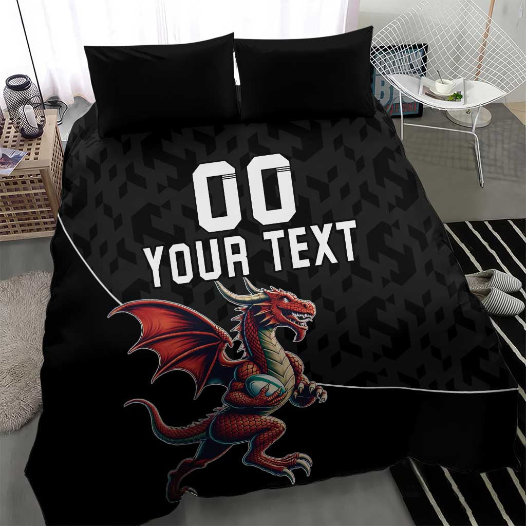 Custom Wales Rugby Bedding Set Welsh Dragon Mascot Black Version