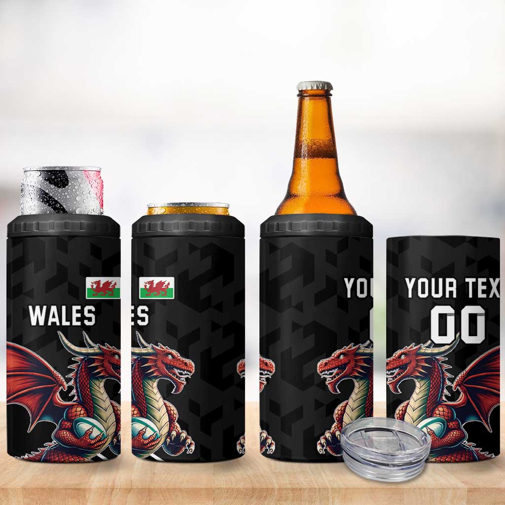 Custom Wales Rugby 4 in 1 Can Cooler Tumbler Welsh Dragon Mascot Black Version