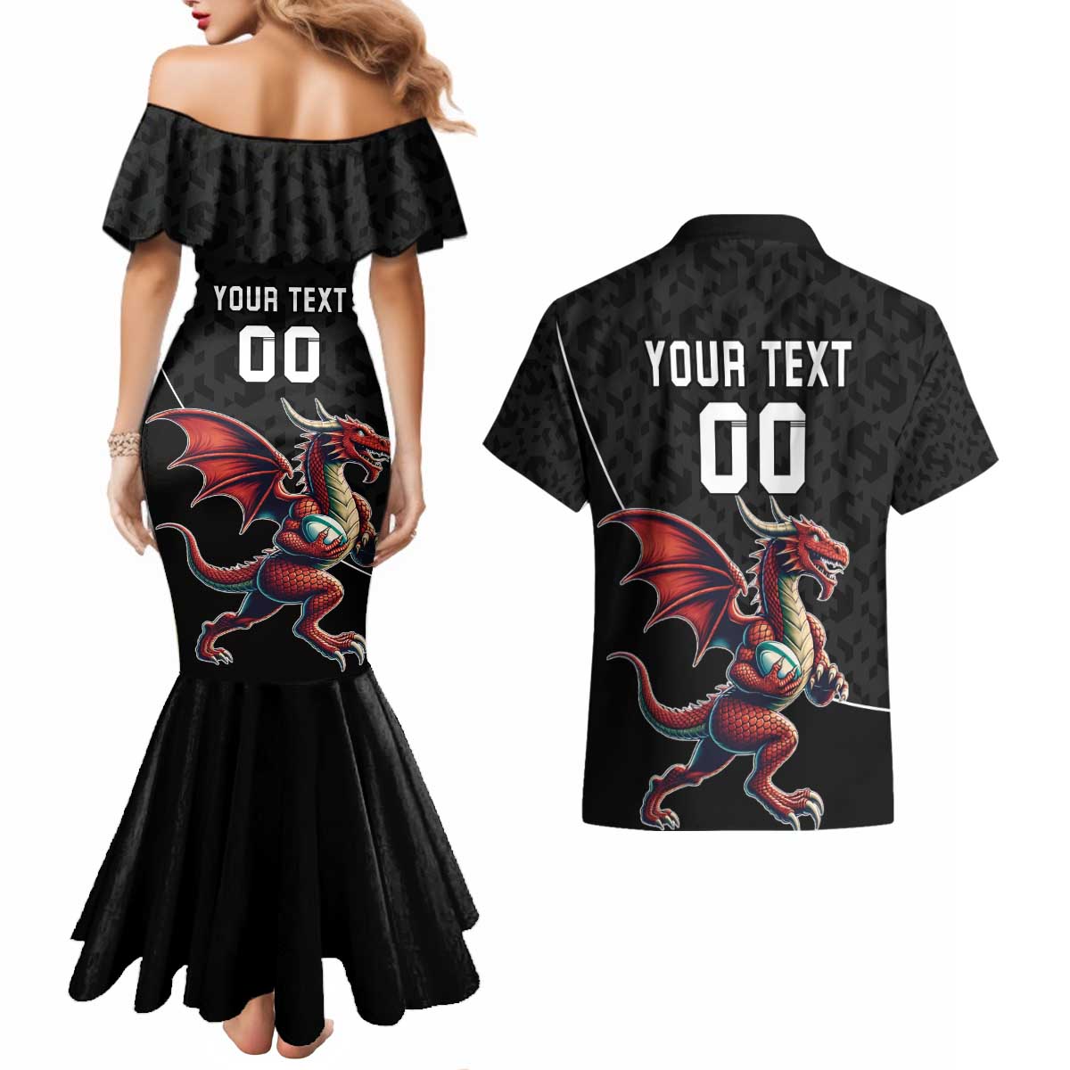 Custom Wales Rugby Couples Matching Mermaid Dress and Hawaiian Shirt Welsh Dragon Mascot Black Version