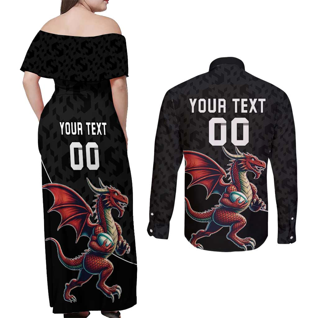Custom Wales Rugby Couples Matching Off Shoulder Maxi Dress and Long Sleeve Button Shirt Welsh Dragon Mascot Black Version