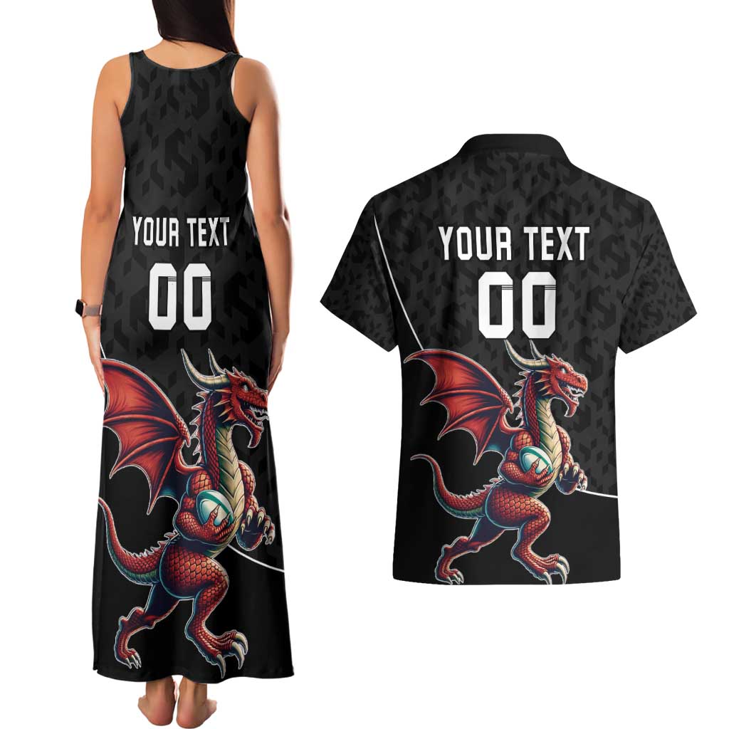 Custom Wales Rugby Couples Matching Tank Maxi Dress and Hawaiian Shirt Welsh Dragon Mascot Black Version