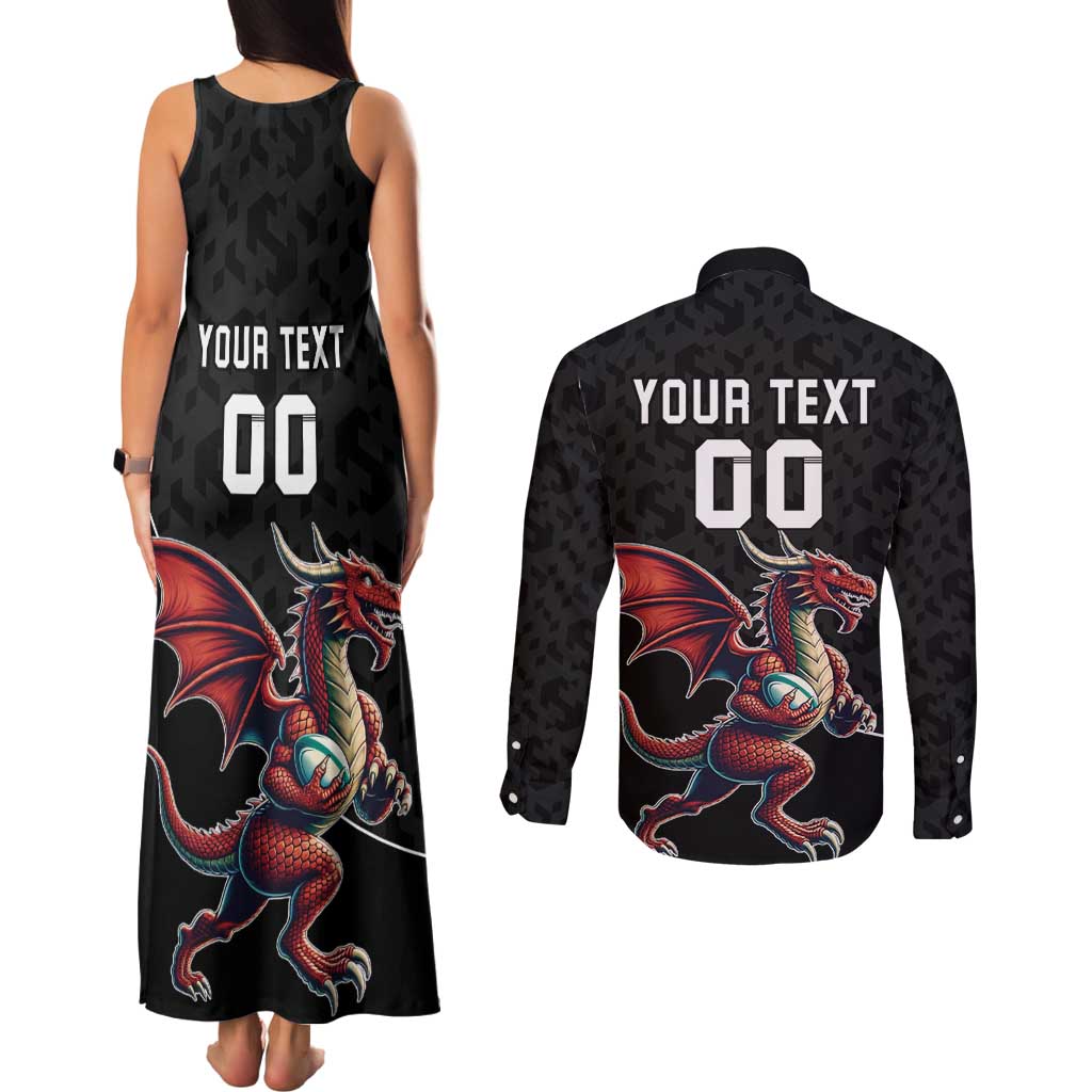 Custom Wales Rugby Couples Matching Tank Maxi Dress and Long Sleeve Button Shirt Welsh Dragon Mascot Black Version