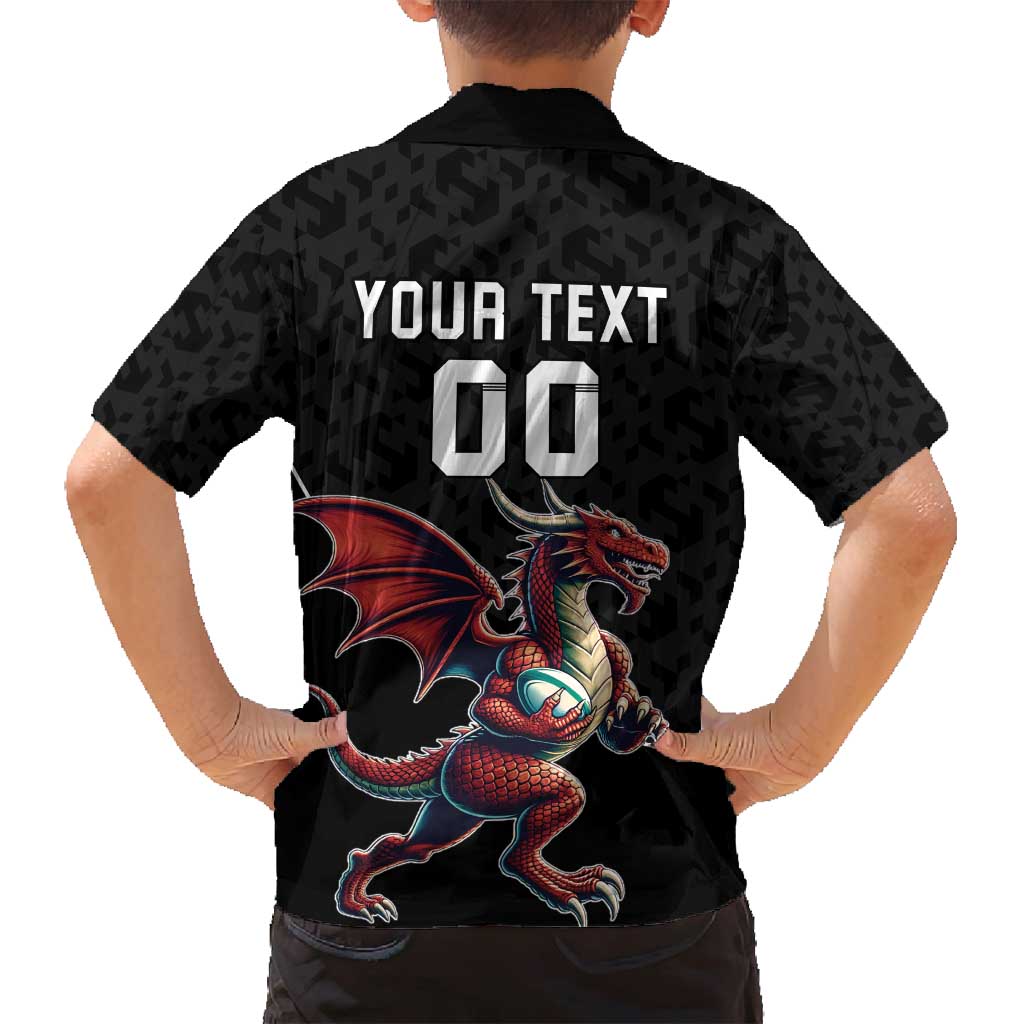 Custom Wales Rugby Family Matching Long Sleeve Bodycon Dress and Hawaiian Shirt Welsh Dragon Mascot Black Version - Wonder Print Shop