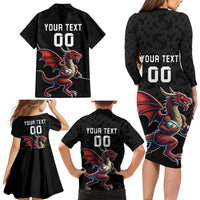 Custom Wales Rugby Family Matching Long Sleeve Bodycon Dress and Hawaiian Shirt Welsh Dragon Mascot Black Version - Wonder Print Shop