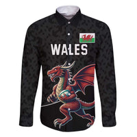 Custom Wales Rugby Family Matching Long Sleeve Bodycon Dress and Hawaiian Shirt Welsh Dragon Mascot Black Version - Wonder Print Shop