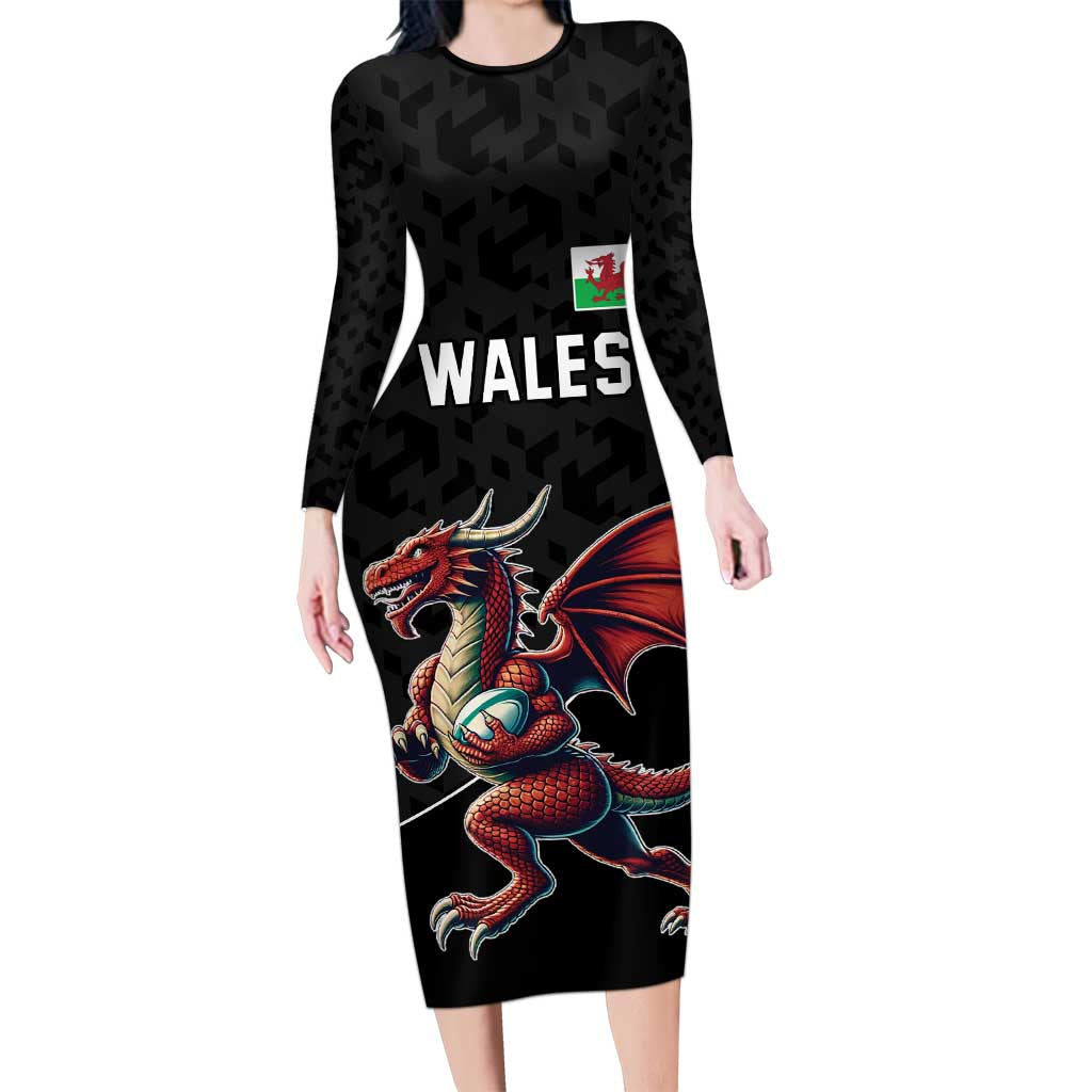 Custom Wales Rugby Family Matching Long Sleeve Bodycon Dress and Hawaiian Shirt Welsh Dragon Mascot Black Version - Wonder Print Shop