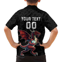 Custom Wales Rugby Family Matching Off The Shoulder Long Sleeve Dress and Hawaiian Shirt Welsh Dragon Mascot Black Version