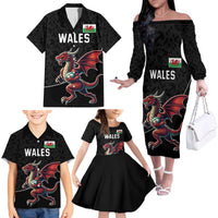 Custom Wales Rugby Family Matching Off The Shoulder Long Sleeve Dress and Hawaiian Shirt Welsh Dragon Mascot Black Version